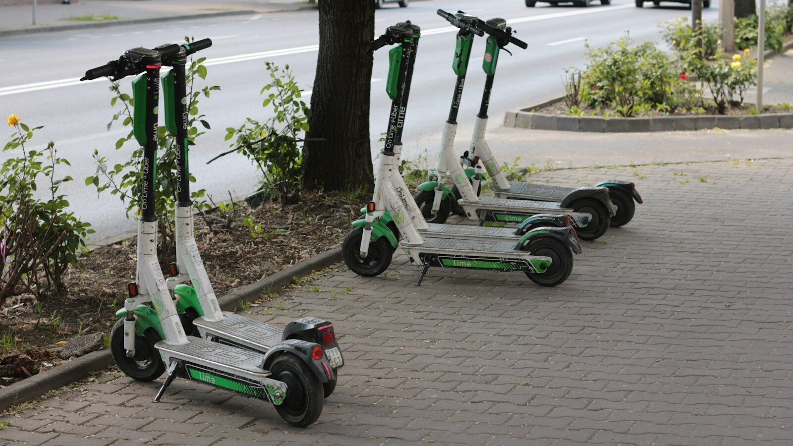 three green and white scooters parked on the side of the road
